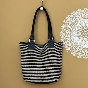 The Sak blue & white striped crochet hobo bag with top zip